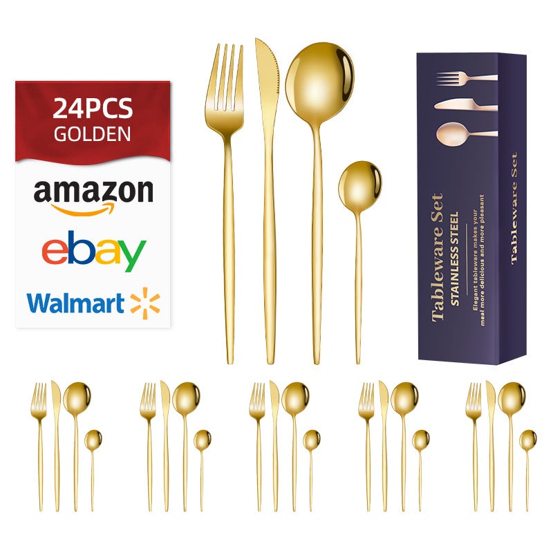 Portuguese tableware 20/24/30-piece stainless steel tableware knife, fork and spoon hotel Western food gift box suitGold [24-piece set suit]] Gold [24-piece set suit]]