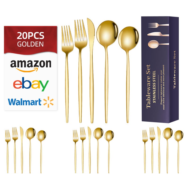 Portuguese tableware 20/24/30-piece stainless steel tableware knife, fork and spoon hotel Western food gift box suitGold [20-piece set suit]] Gold [20-piece set suit]]