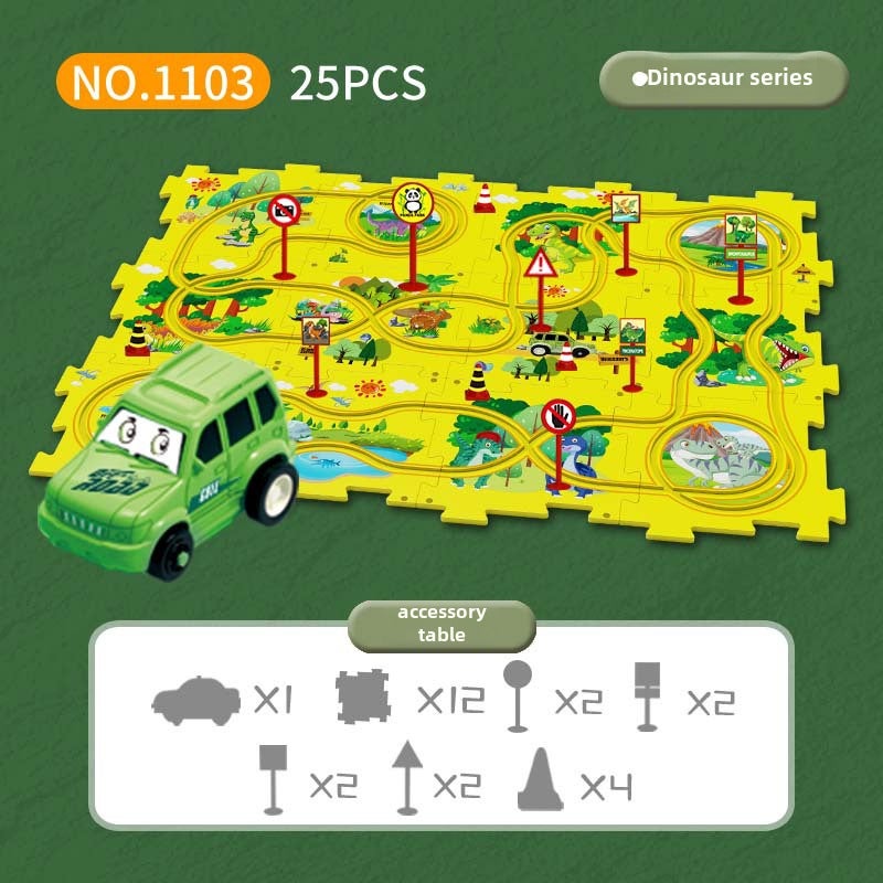 DIY Multifunctional Puzzle Car Toy for Boys 3-61103A [25PCs] Dinosaur theme -- 12 puzzles +8 road signs +4 obstacles +1 off-road vehicle 1103A [25PCs] Dinosaur theme -- 12 puzzles +8 road signs +4 obstacles +1 off-road vehicle