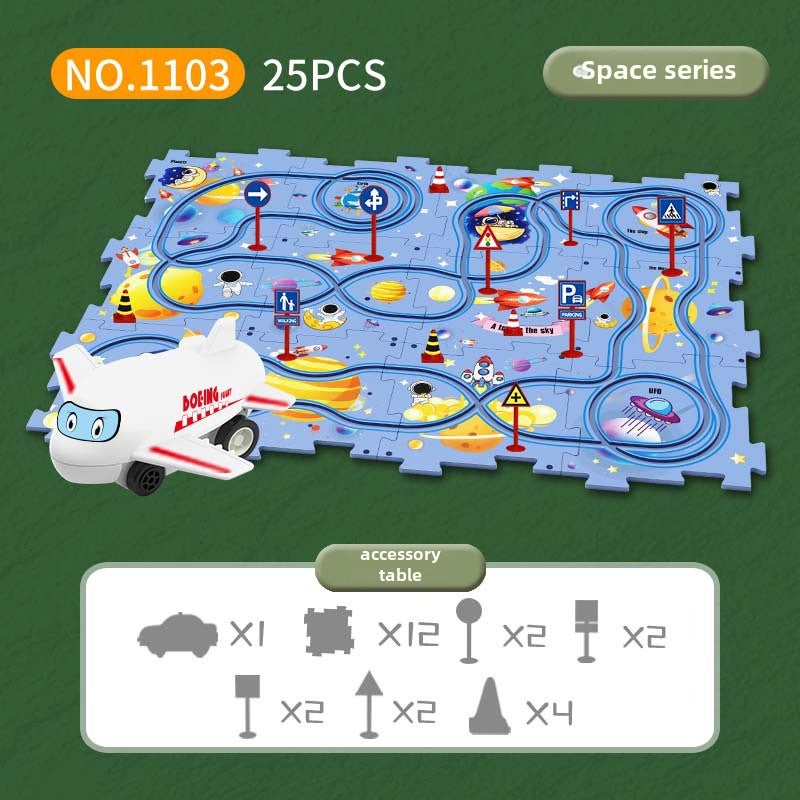 DIY Multifunctional Puzzle Car Toy for Boys 3-61103D [25PCs] space theme -- 12 puzzles +8 road signs +4 obstacles +1 aircraft 1103D [25PCs] space theme -- 12 puzzles +8 road signs +4 obstacles +1 aircraft