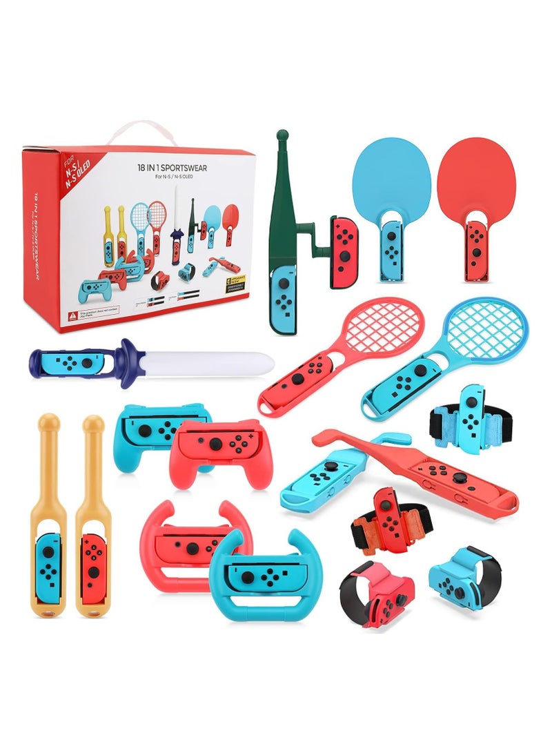 18 in 1 Switch Sport Games Accessories Bundle for Nintendo Switch Games, Family Bundle Accessory Kit with Tennis Racket Controller Grips Racing Wheel Bandage Golf Club Wheels Drum Stick Fishing Rod