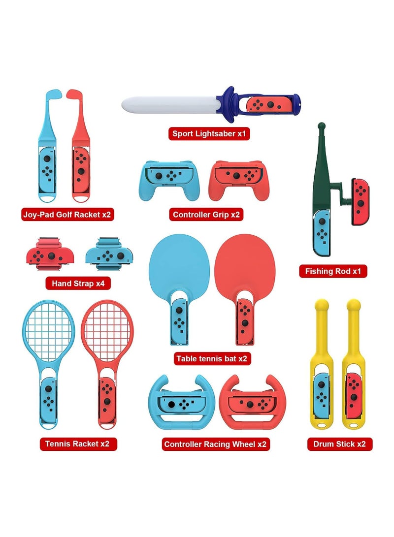 18 in 1 Switch Sport Games Accessories Bundle for Nintendo Switch Games, Family Bundle Accessory Kit with Tennis Racket Controller Grips Racing Wheel Bandage Golf Club Wheels Drum Stick Fishing Rod