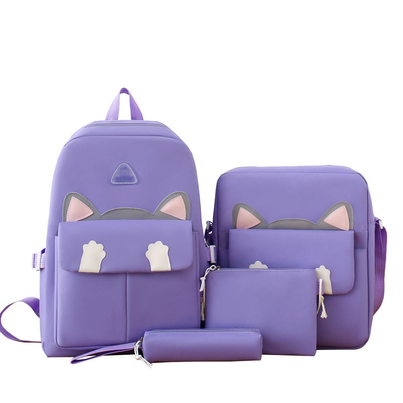 Cartoon Cat Backpack Set for Girls Lightweight with Large CapacityPurple four-piece set Purple four-piece set