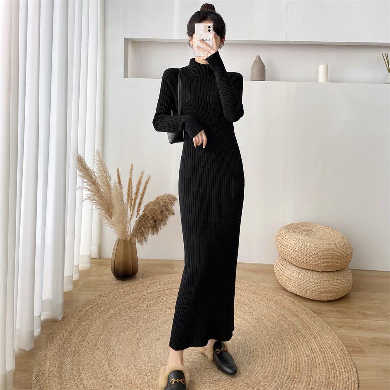 Long V-Neck Knit Dress Slim Fit Autumn Winter Black [turtleneck]]