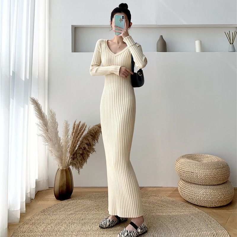 Long V-Neck Knit Dress Slim Fit Autumn Winter Apricot [V-neck]]