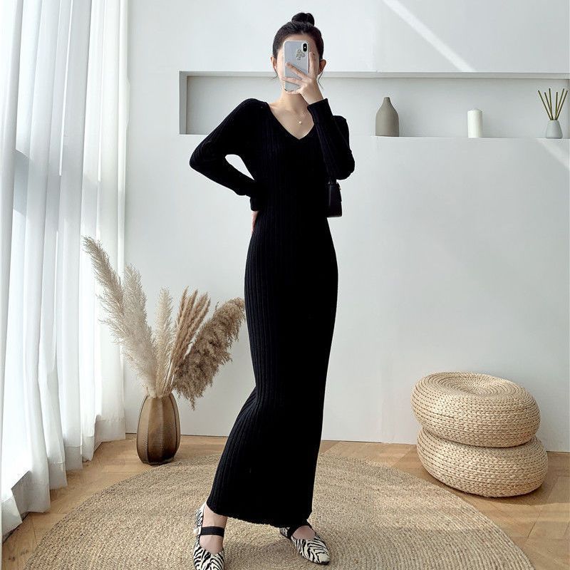 Long V-Neck Knit Dress Slim Fit Autumn Winter Black [V-neck]]