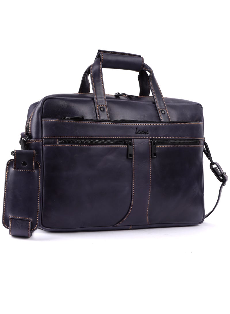 LAVERI Genuine Leather Office Bag for Men 15.6 Inch Laptop Bag CrossBody Messenger Bag Adjustable Strap Multiple Compartments VIP Quality #2816 Navy VIP