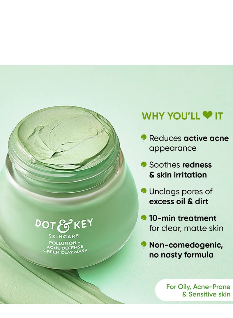 Dot & Key Skin Care Pollution + Acne Defense Green Clay Mask | Clay Mask for Face with Salicylic & Matcha Tea | Reduces Active Acne, Soothes Redness | For Dark Spots, Oily, Acne Prone Skin | 85g