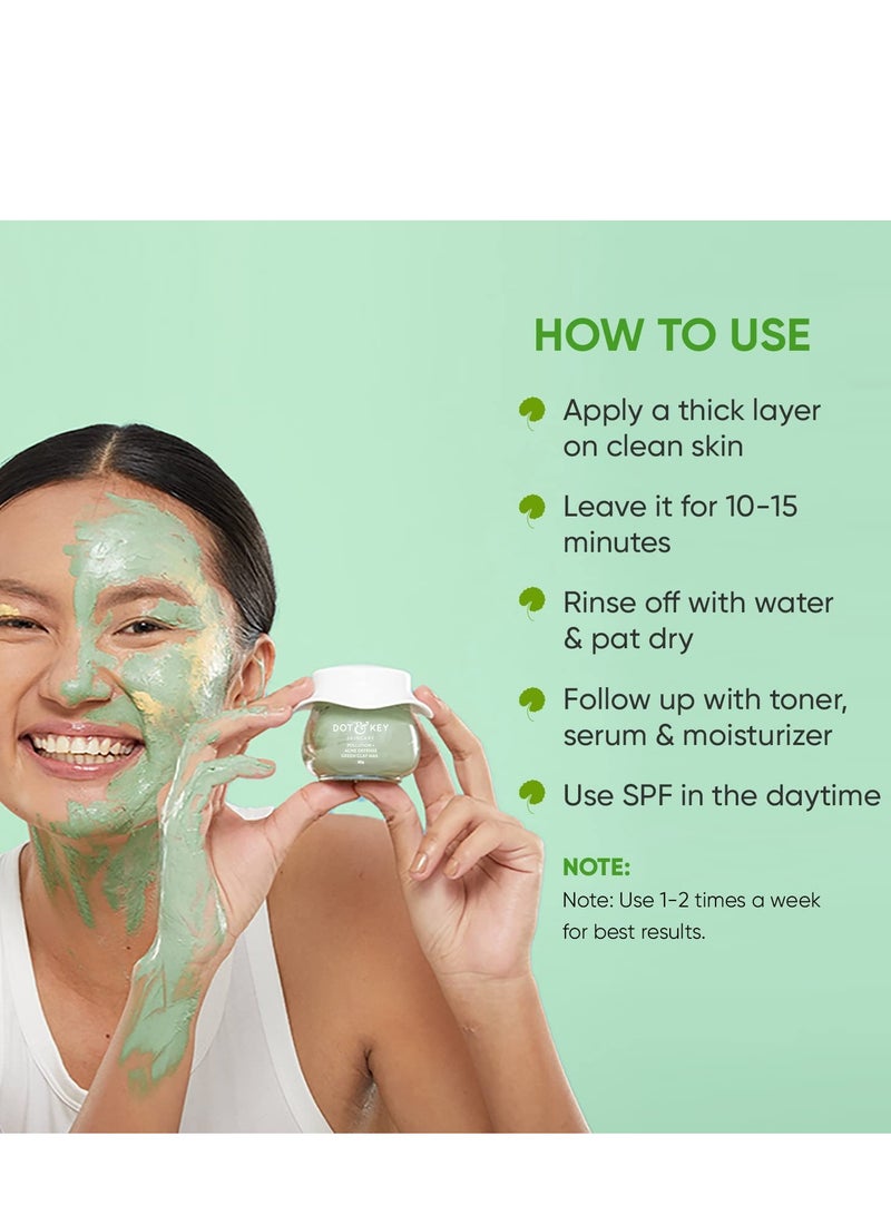 Dot & Key Skin Care Pollution + Acne Defense Green Clay Mask | Clay Mask for Face with Salicylic & Matcha Tea | Reduces Active Acne, Soothes Redness | For Dark Spots, Oily, Acne Prone Skin | 85g