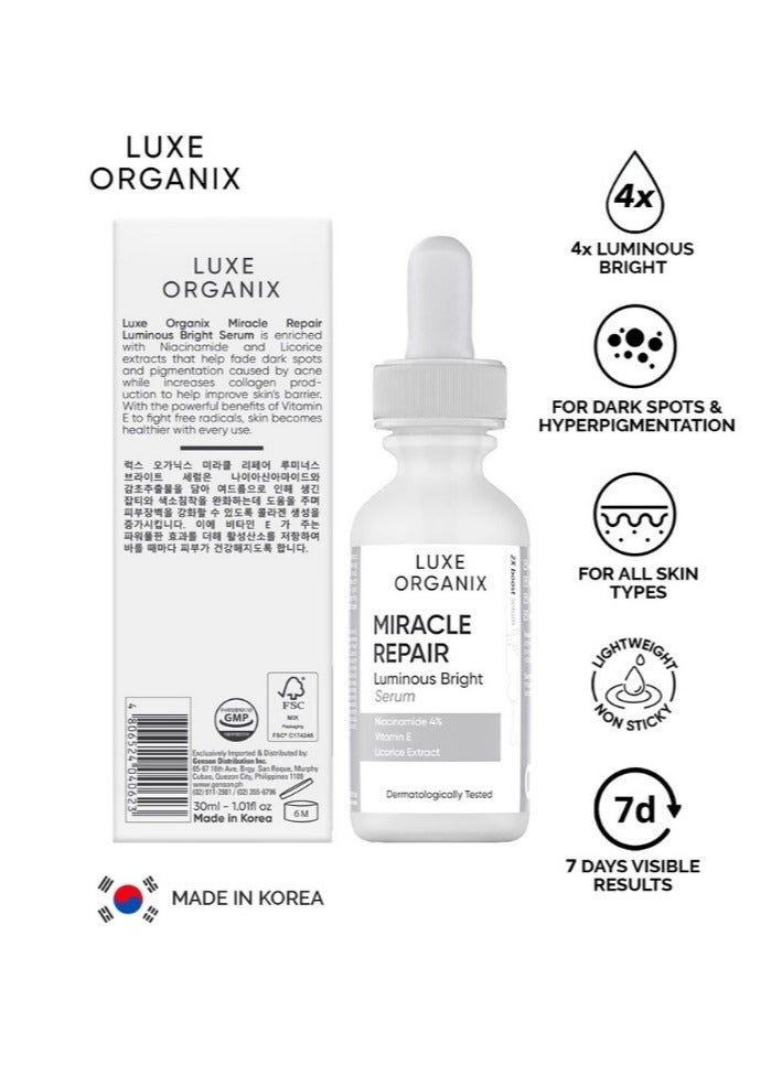 LUXE ORGANIX Miracle Repair Luminous Bright Serum 30ml (with Niacinamide and Licorice extract)