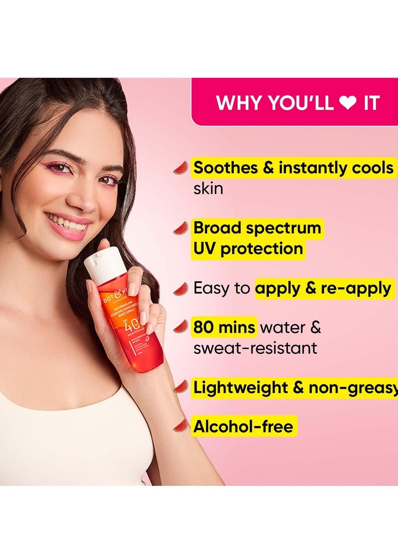 DOT & KEY Watermelon Cooling Sunscreen Body Spray Spf 40 Pa+++ For All Skin Types - 110Ml|Sun Protection Lotion|Broad Spectrum Uv Protection|Alcohol Free|Non Greasy & Non Sticky|For Women & Men