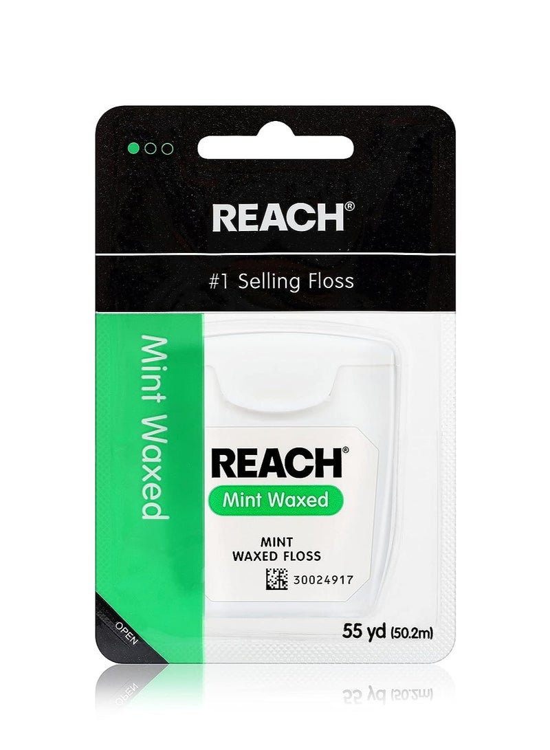 REACH Waxed Dental Floss, Mint, Plaque Remover for Teeth, Shred Resistant, Floss Slides Smoothly, Easy to Use, Waxed, Deep Cleaning Teeth, Oral Care, PFAS Free, for Adults & Kids, 1 Pack, 55 yd