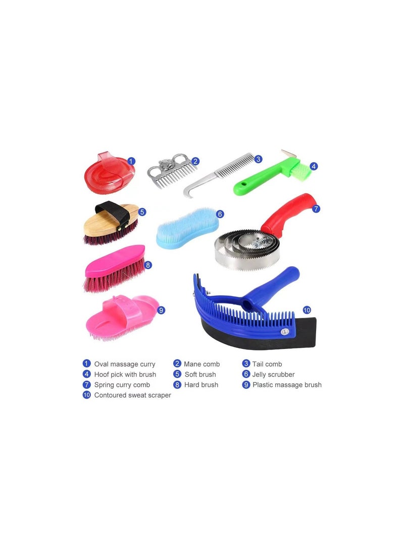 10-Piece/Set Horse Cleaning Tool Kits,Mane Tail Comb Massage Curry Brush,Horse Sweat Scraper Curry Comb Scrubber Cleaning Tool