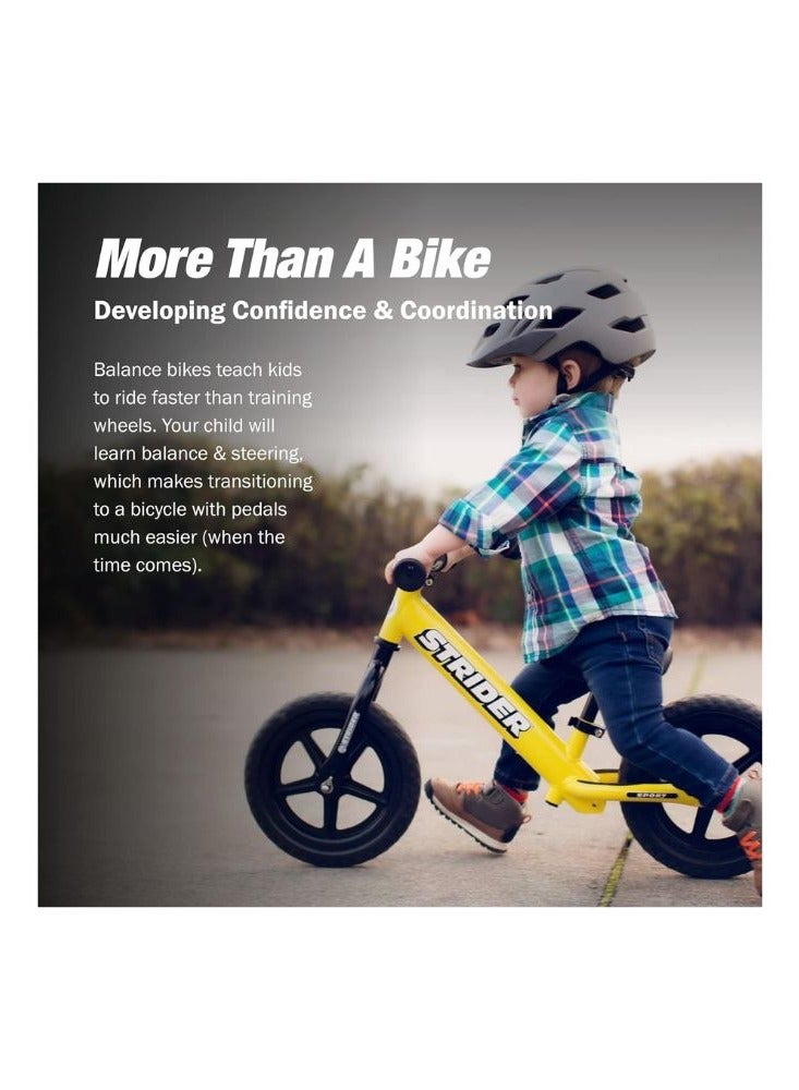 Strider 12” Sport Bike - No Pedal Balance Bicycle for Kids 18 Months to 5 Years - Includes Safety Pad, Padded Seat, Mini Grips & Flat-Free Tires - Tool-Free Assembly & Adjustments