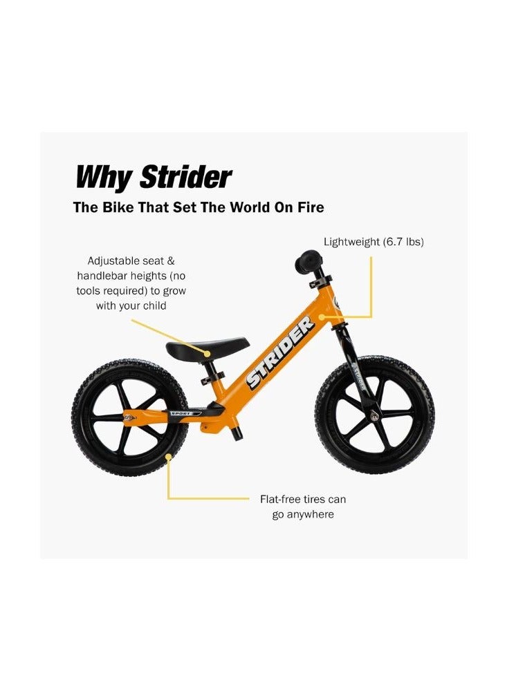 Strider 12” Sport Bike - No Pedal Balance Bicycle for Kids 18 Months to 5 Years - Includes Safety Pad, Padded Seat, Mini Grips & Flat-Free Tires - Tool-Free Assembly & Adjustments