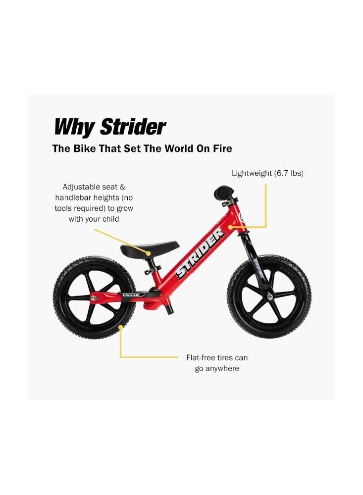 Strider 12” Sport Bike - No Pedal Balance Bicycle for Kids 18 Months to 5 Years - Includes Safety Pad, Padded Seat, Mini Grips & Flat-Free Tires - Tool-Free Assembly & Adjustments