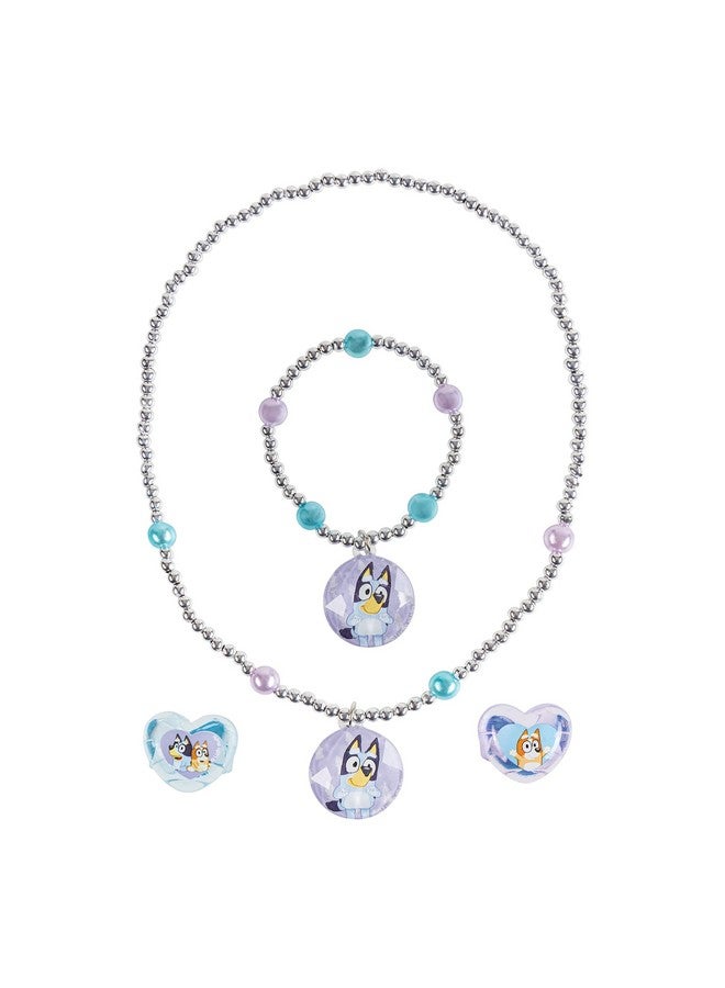 Bluey Girls 4 Piece Costume Toy Jewelry Box Set With Silver Rings, Bead Bracelet And Necklace Ages 3+