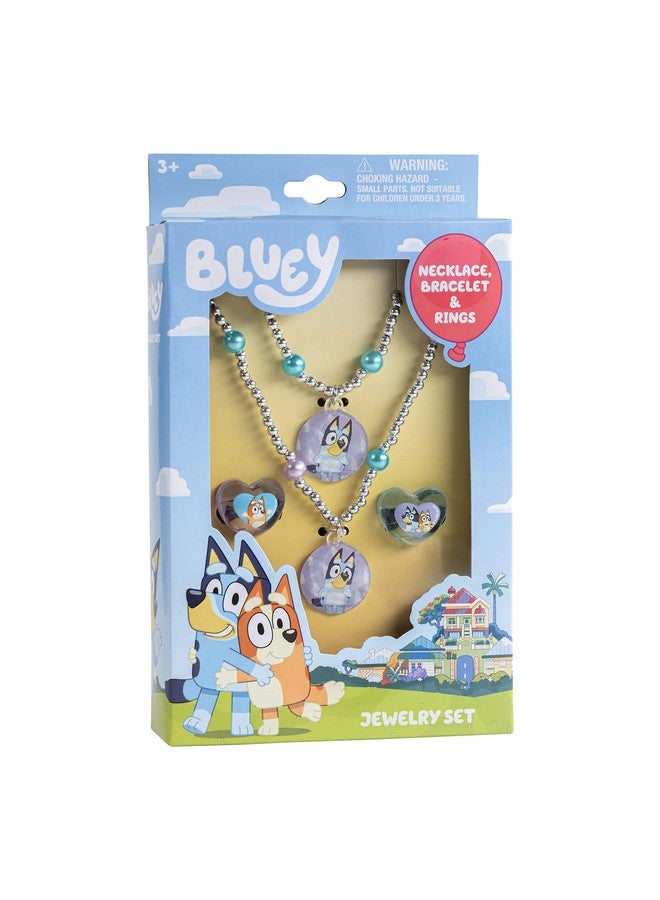 Bluey Girls 4 Piece Costume Toy Jewelry Box Set With Silver Rings, Bead Bracelet And Necklace Ages 3+