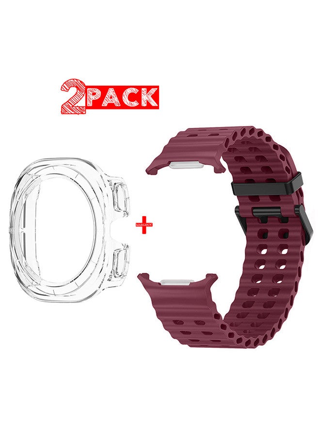 (for Samsung Galaxy Watch 7 Ultra 47mm) 2 Packs Silicone Band and Case, Soft Ocean Silicone Sport Strap Replacement Accessory Maroon