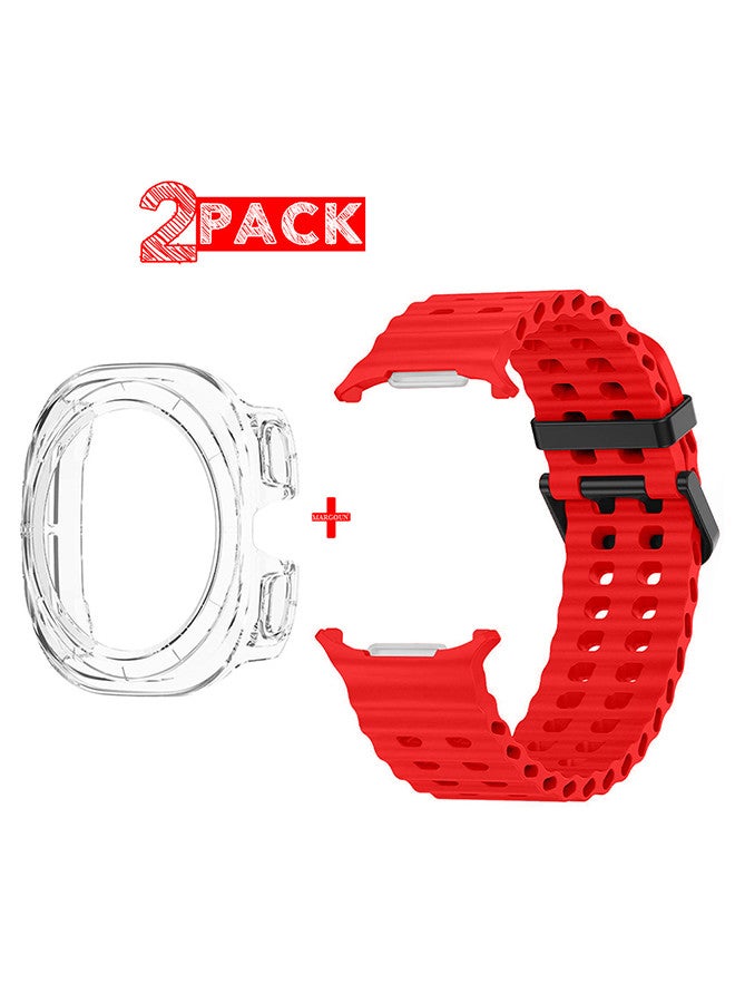 (for Samsung Galaxy Watch 7 Ultra 47mm) 2 Packs Silicone Band and Case, Soft Ocean Silicone Sport Strap Replacement Accessory Red