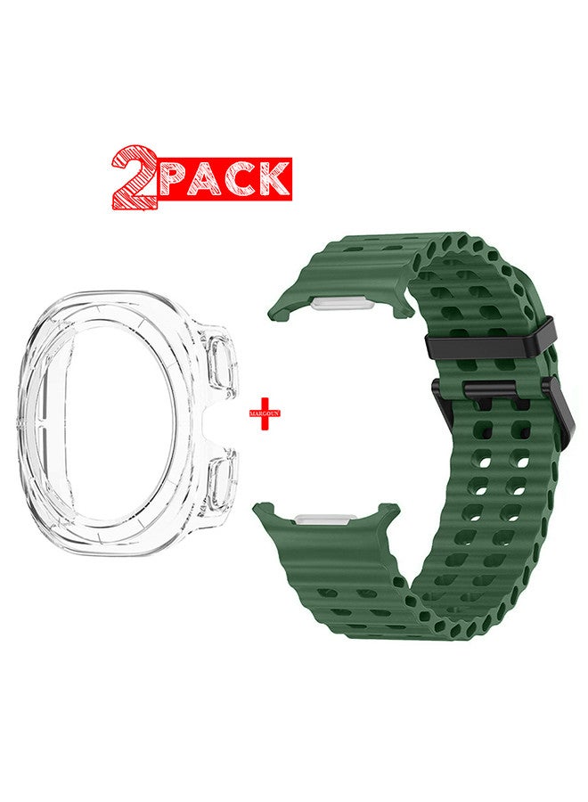 (for Samsung Galaxy Watch 7 Ultra 47mm) 2 Packs Silicone Band and Case, Soft Ocean Silicone Sport Strap Replacement Accessory Green