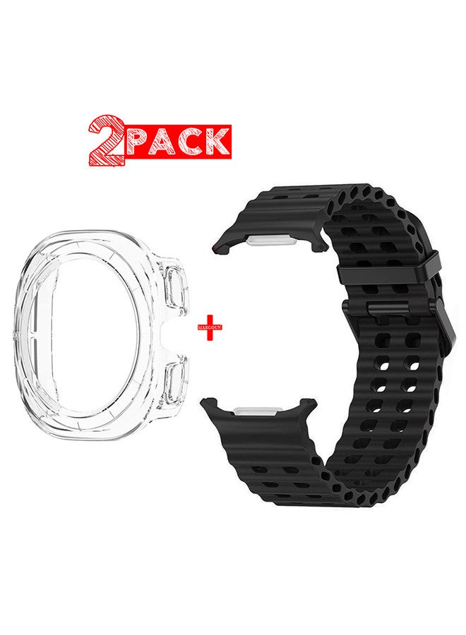 (for Samsung Galaxy Watch 7 Ultra 47mm) 2 Packs Silicone Band and Case, Soft Ocean Silicone Sport Strap Replacement Accessory Black