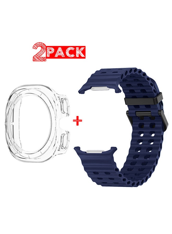 (for Samsung Galaxy Watch 7 Ultra 47mm) 2 Packs Silicone Band and Case, Soft Ocean Silicone Sport Strap Replacement Accessory Dark Blue