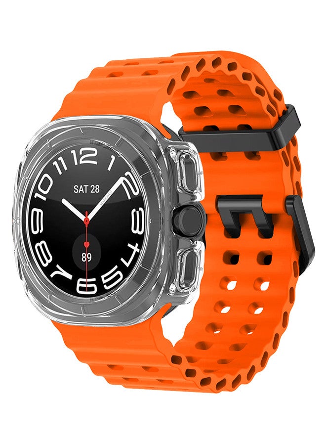 (for Samsung Galaxy Watch 7 Ultra 47mm) 2 Packs Silicone Band and Case, Soft Ocean Silicone Sport Strap Replacement Accessory Orange