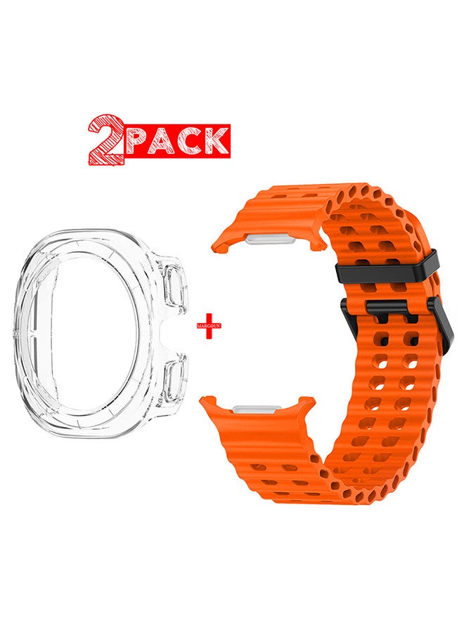 (for Samsung Galaxy Watch 7 Ultra 47mm) 2 Packs Silicone Band and Case, Soft Ocean Silicone Sport Strap Replacement Accessory Orange