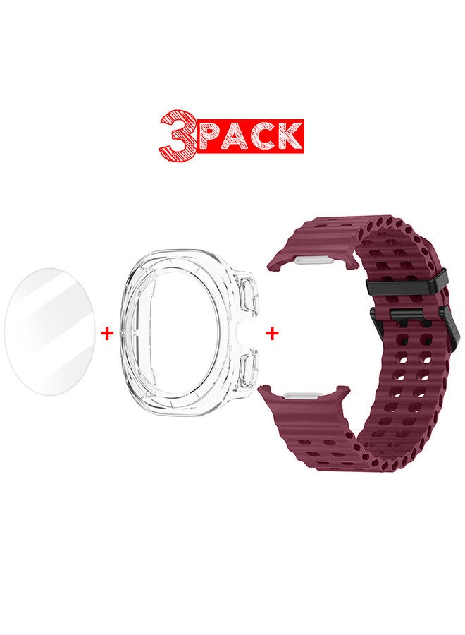 (for Samsung Galaxy Watch 7 Ultra) 3 Packs Silicone Band, Case and Screen Protector, Soft Ocean Silicone Sport Strap Replacement Accessory Maroon