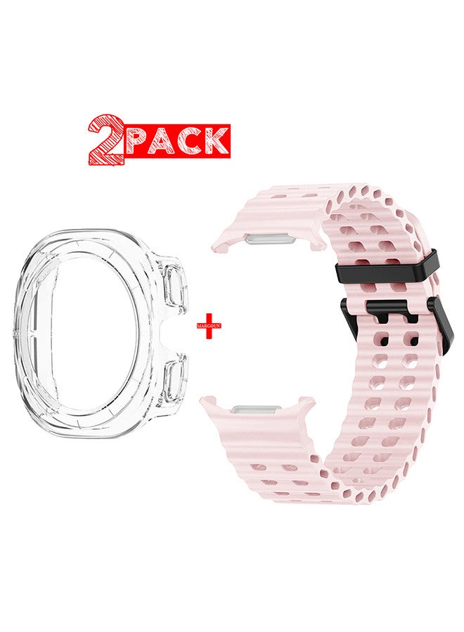 (for Samsung Galaxy Watch 7 Ultra 47mm) 2 Packs Silicone Band and Case, Soft Ocean Silicone Sport Strap Replacement Accessory Light Pink