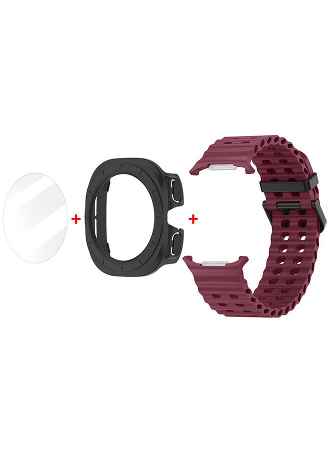 (for Samsung Galaxy Watch 7 Ultra) 3 Packs Silicone Band, Case and Screen Protector, Soft Ocean Silicone Sport Strap Replacement Accessory Maroon