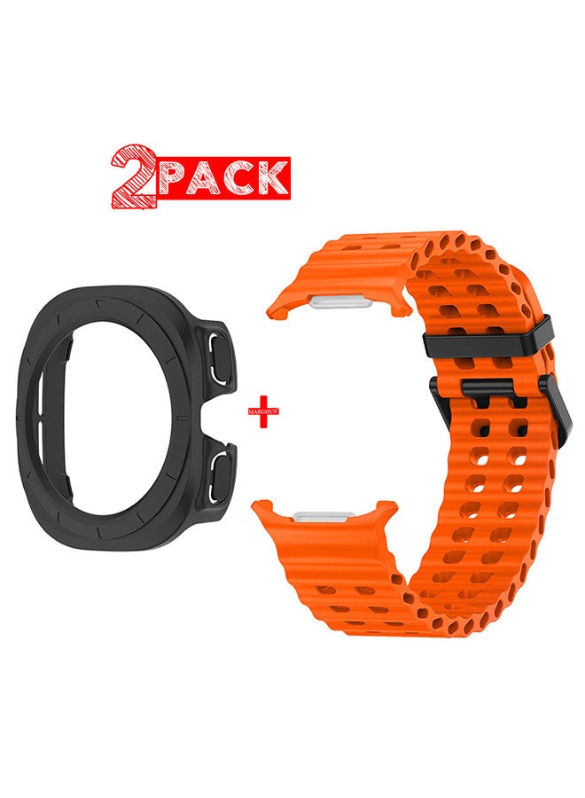 (for Samsung Galaxy Watch 7 Ultra 47mm) 2 Packs Silicone Band and Case, Soft Ocean Silicone Sport Strap Replacement Accessory Orange