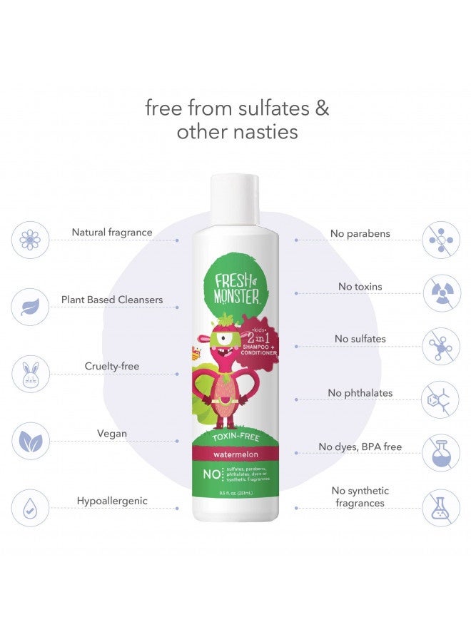 Fresh Monster 2-In-1 Kids Shampoo And Conditioner, Toxin-Free, Hypoallergenic, Tear-Free Shampoo And Conditioner For Kids, Watermelon (2 Pack, 8.5Oz/Each)