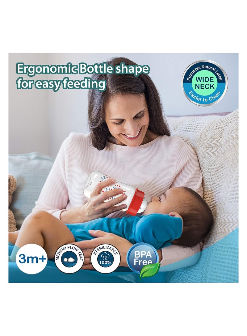 LuvLap Anti-Colic Wide Neck Natura Flo Baby Feeding Bottle,250Ml,New Born/Infants/Toddler Upto 3 Years,Stars,Bpa Free,Pack Of 1,Light Blue