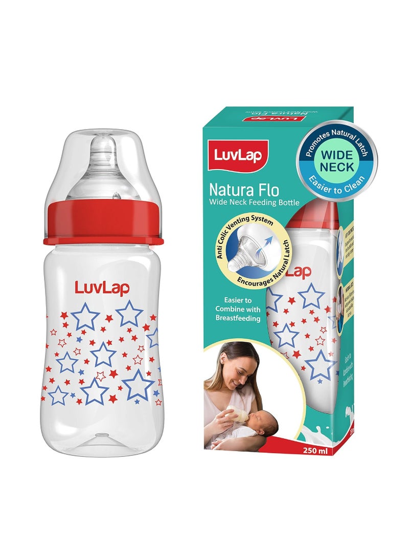 LuvLap Anti-Colic Wide Neck Natura Flo Baby Feeding Bottle,250Ml,New Born/Infants/Toddler Upto 3 Years,Stars,Bpa Free,Pack Of 1,Light Blue