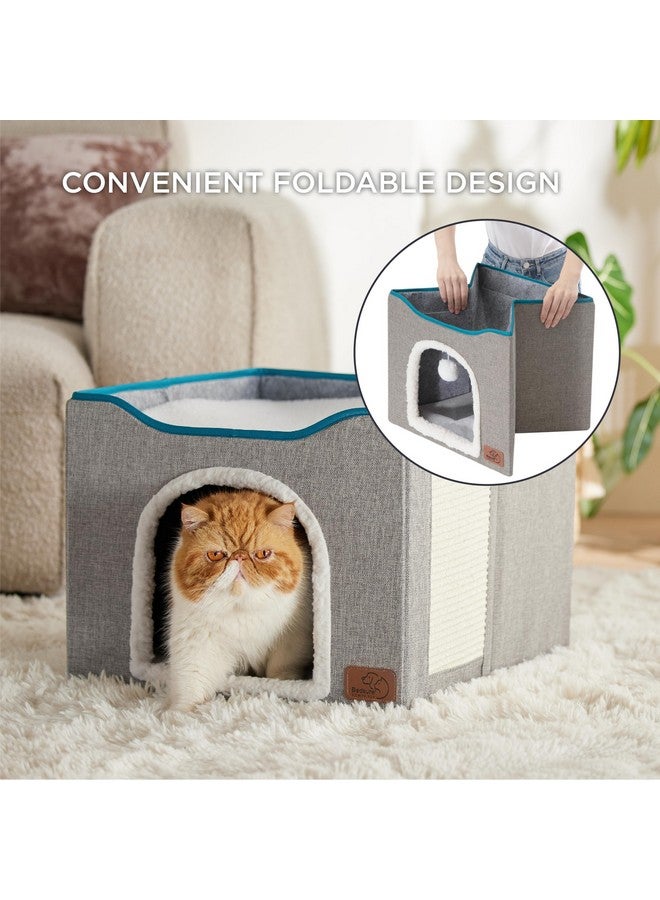 Cat Beds For Indoor Cats  Large Cat Cave For Pet Cat House With Fluffy Ball Hanging And Scratch Pad, Foldable Cat Hideaway,16.5X16.5X13 Inches, Grey