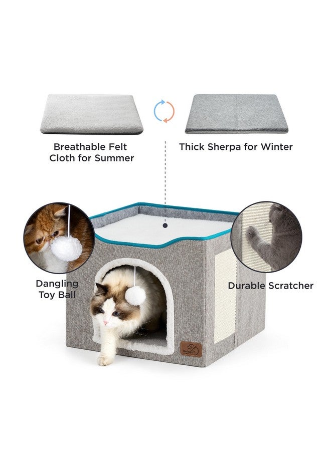 Cat Beds For Indoor Cats  Large Cat Cave For Pet Cat House With Fluffy Ball Hanging And Scratch Pad, Foldable Cat Hideaway,16.5X16.5X13 Inches, Grey