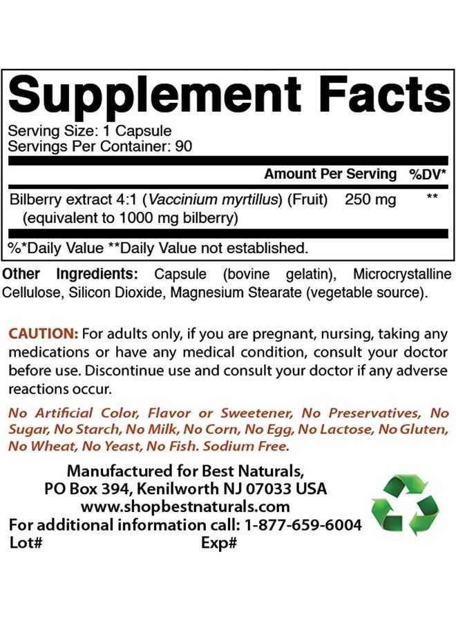 Best Naturals Bilberry Extract 1000mg Capsule (Non-GMO) Supports Healthy Vision, 90 Count