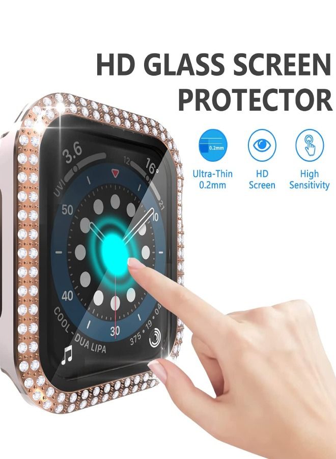 Smartwatch Luxury Anti Shock Screen Protector Cover Case Sensitive Touch Tempered Glass Screen Protector Two Tone Color Double Row Glitter Crystal Diamonds Apple Watch Series 8 7 44mm Rose Gold Pink