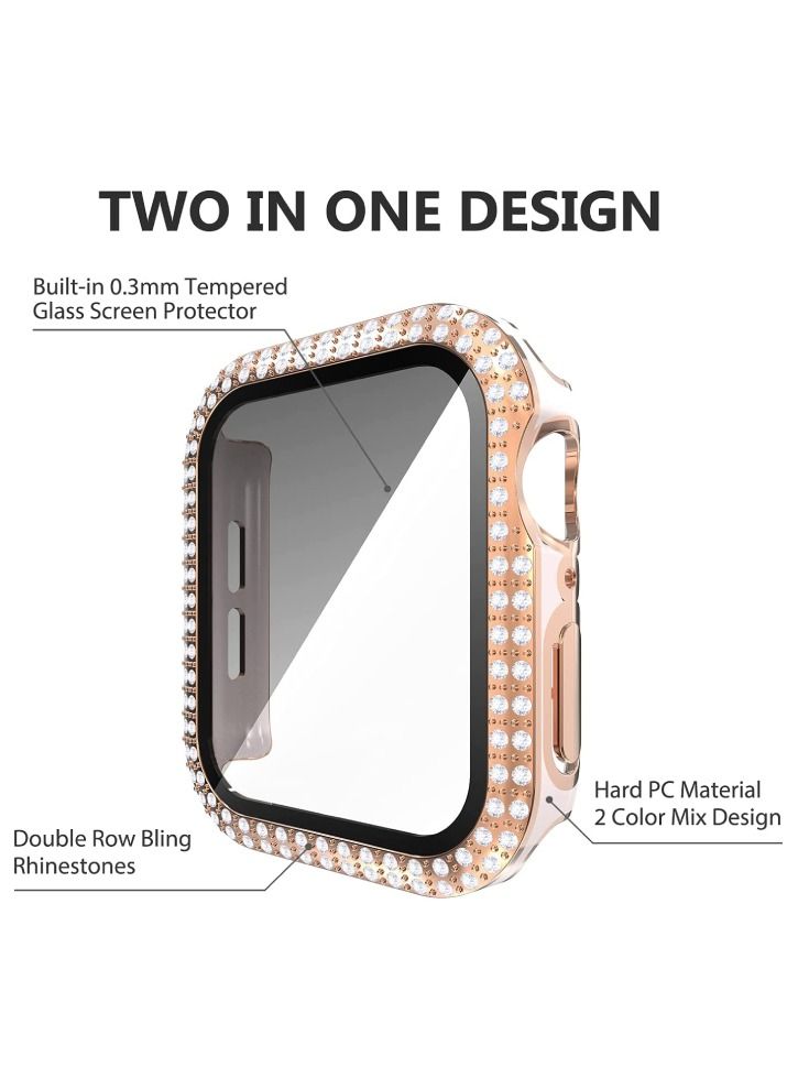 Smartwatch Luxury Anti Shock Screen Protector Cover Case Sensitive Touch Tempered Glass Screen Protector Two Tone Color Double Row Glitter Crystal Diamonds Apple Watch Series 8 7 44mm Rose Gold Pink