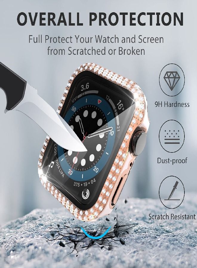 Smartwatch Luxury Anti Shock Screen Protector Cover Case Sensitive Touch Tempered Glass Screen Protector Two Tone Color Double Row Glitter Crystal Diamonds Apple Watch Series 8 7 44mm Rose Gold Pink