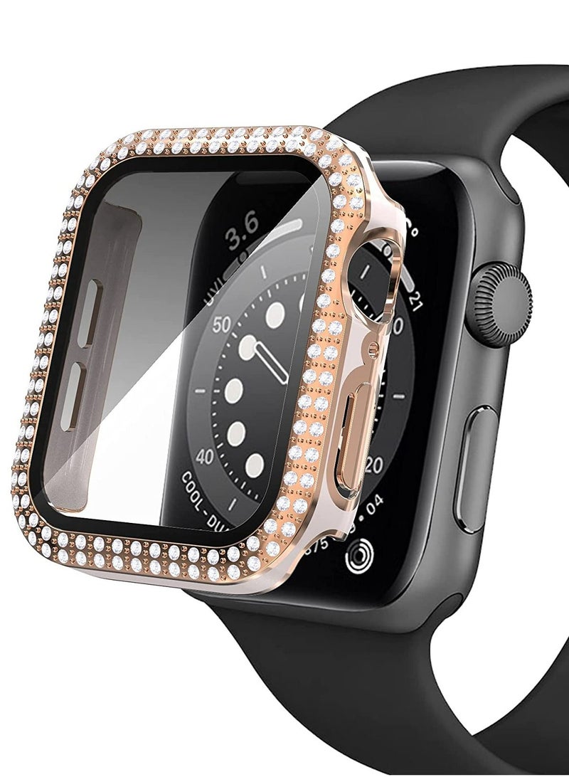 Smartwatch Luxury Anti Shock Screen Protector Cover Case Sensitive Touch Tempered Glass Screen Protector Two Tone Color Double Row Glitter Crystal Diamonds Apple Watch Series 8 7 44mm Rose Gold Pink