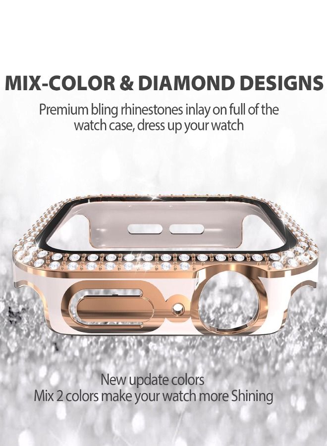 Smartwatch Luxury Anti Shock Screen Protector Cover Case Sensitive Touch Tempered Glass Screen Protector Two Tone Color Double Row Glitter Crystal Diamonds Apple Watch Series 8 7 44mm Rose Gold Pink