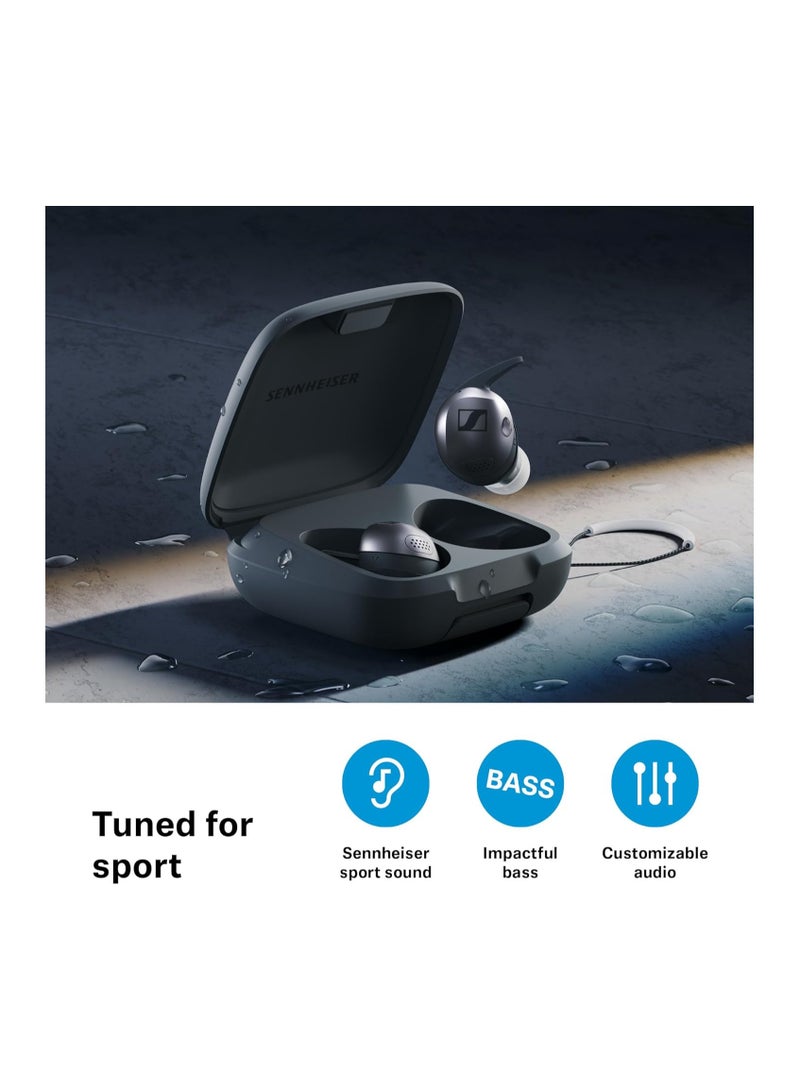 Momentum Sports Earbuds with Fitness Tracking for Heart Rate and Body Temperature - Crystal Clear Sound with Adaptive ANC Function, Secure Fit, 24 Hours Battery Life - Graphite