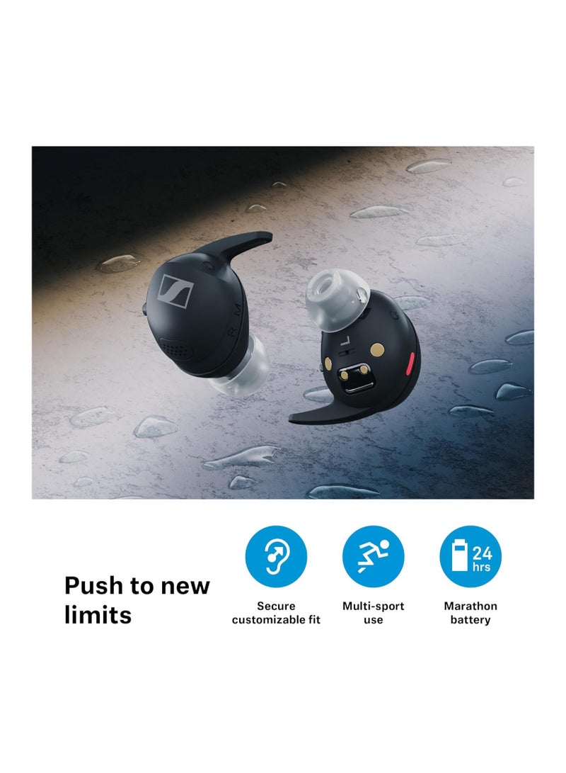 Momentum Sports Earbuds with Fitness Tracking for Heart Rate and Body Temperature - Crystal Clear Sound with Adaptive ANC Function, Secure Fit, 24 Hours Battery Life - Graphite