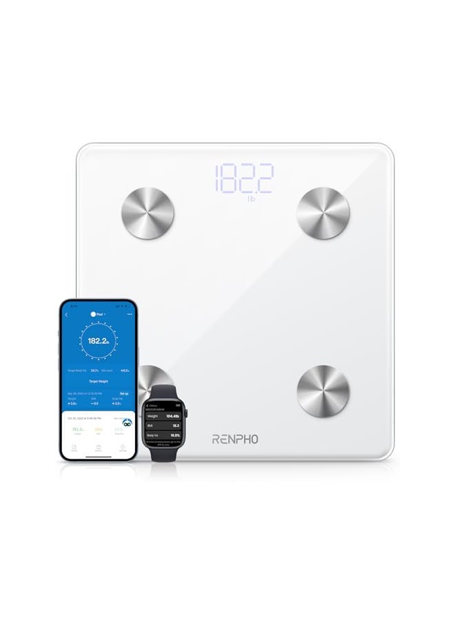 RENPHO Smart Scale, Body Fat Scale, Digital Bathroom Scale for Body Weight, Body Composition Analysis, Highly Accurate BMI Scale with APP, 400lbs, Includes Batteries, White-Elis 1
