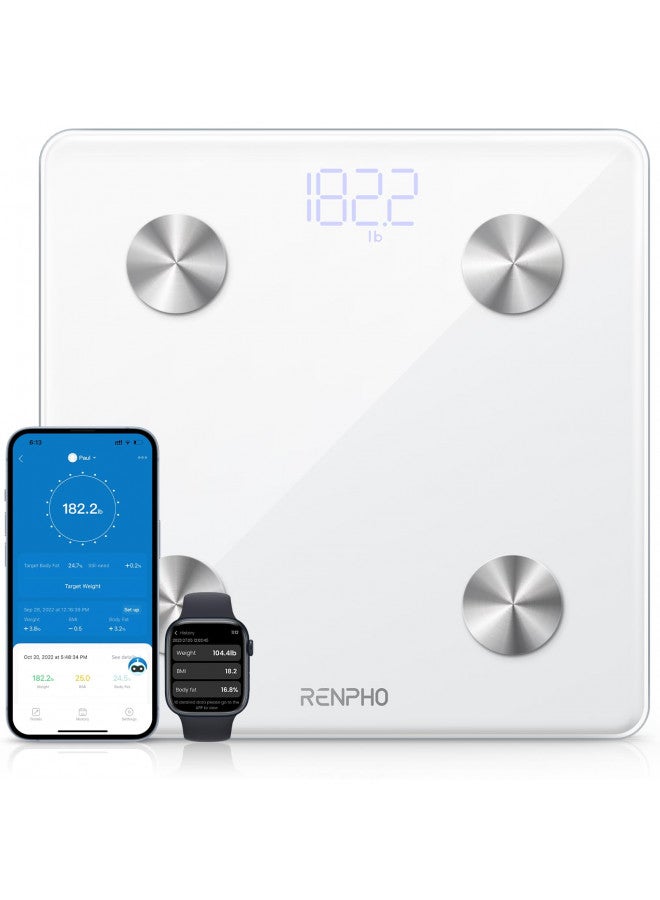 RENPHO Smart Scale, Body Fat Scale, Digital Bathroom Scale for Body Weight, Body Composition Analysis, Highly Accurate BMI Scale with APP, 400lbs, Includes Batteries, White-Elis 1