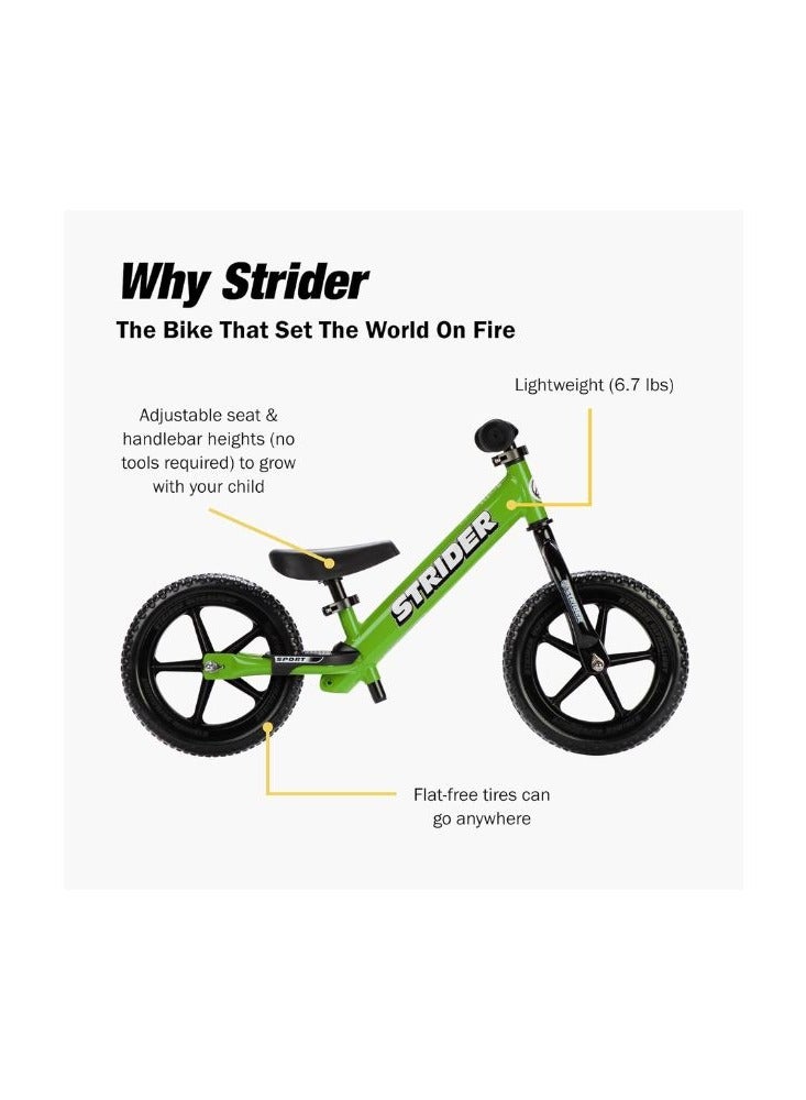 Strider 12” Sport Bike - No Pedal Balance Bicycle for Kids 18 Months to 5 Years - Includes Safety Pad, Padded Seat, Mini Grips & Flat-Free Tires - Tool-Free Assembly & Adjustments