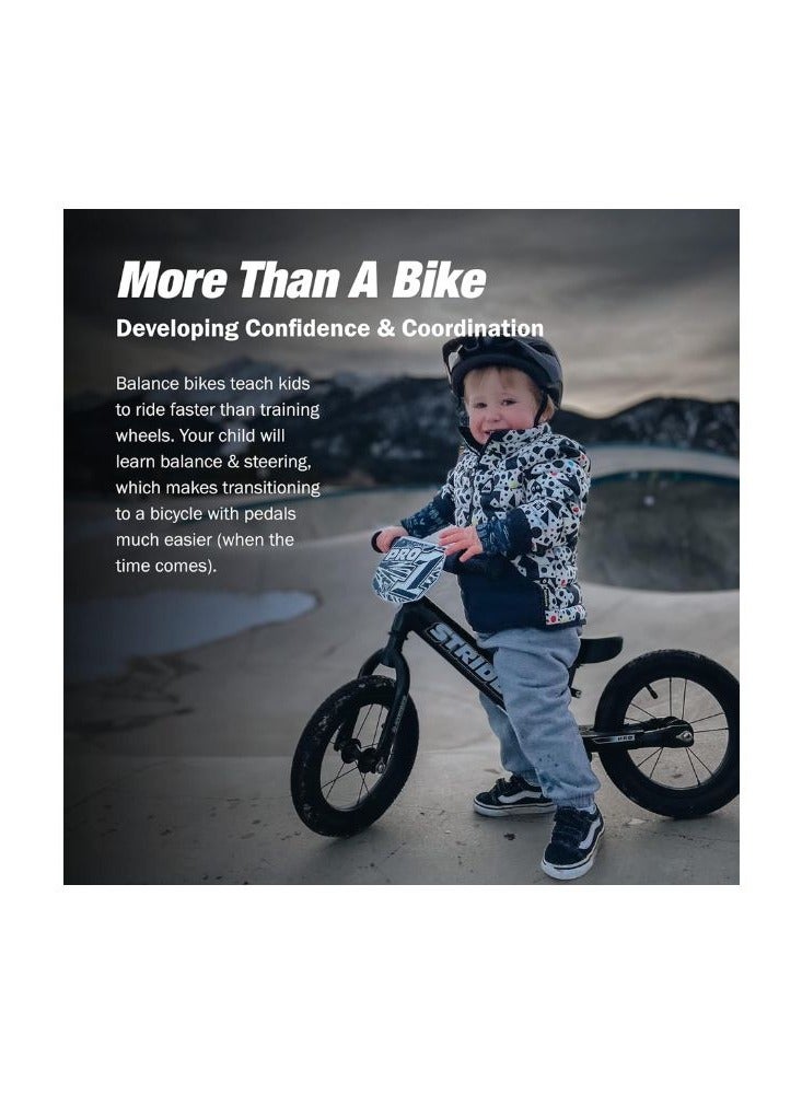 Strider 12” Pro Bike - No Pedal Balance Bicycle for Kids 18 Months to 5 Years - Includes Safety Pad, Padded Seat, Mini Grips & Flat-Free Tires - Tool-Free Assembly & Adjustments